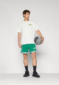 Kortærmet hvid Nike t-shirt med multicolor logo, parret med grønne NBA Celtic shorts med hvide striber og sorte Nike sko.