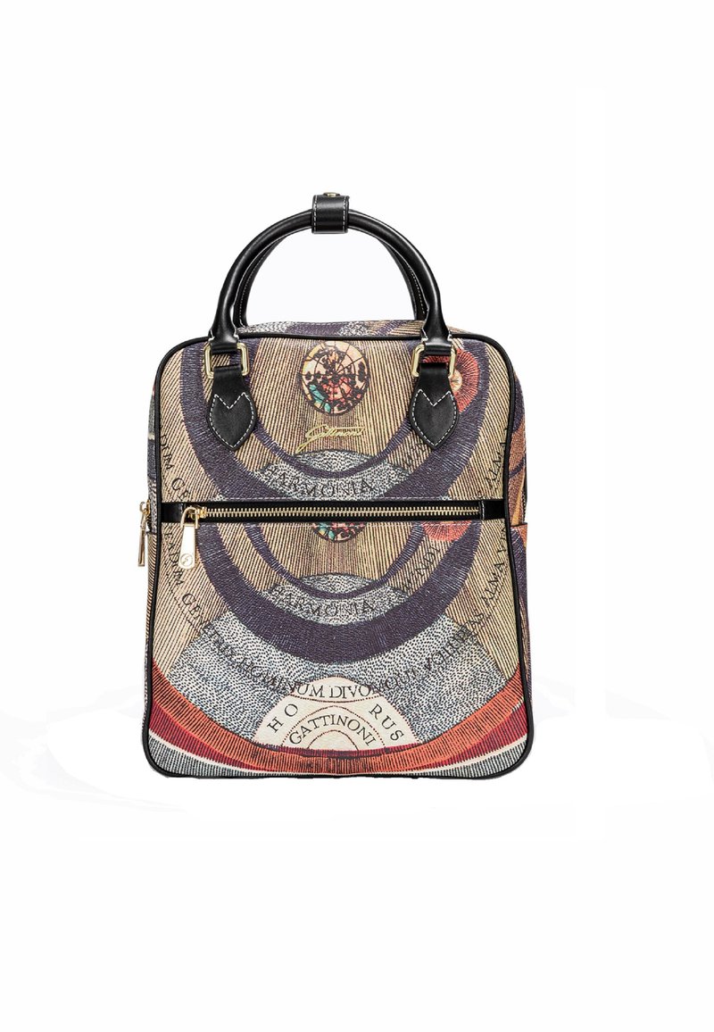 Quadratische Handtasche mit schwarzen Griffen, frontalem Reißverschlussfach und einem mehrfarbigen geometrischen Muster mit kreisförmigen Textdetails.