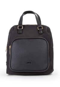Zaino nero in nylon con una tasca frontale in pelle nera testurizzata, dettagli in zip dorati e due manici superiori.