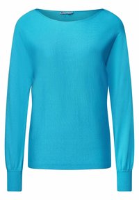 Långärmad blå tröja, tillverkad av stickat tyg, med en bred halsringning och ribbade ärmslut. Slät textur med en enfärgad yta.