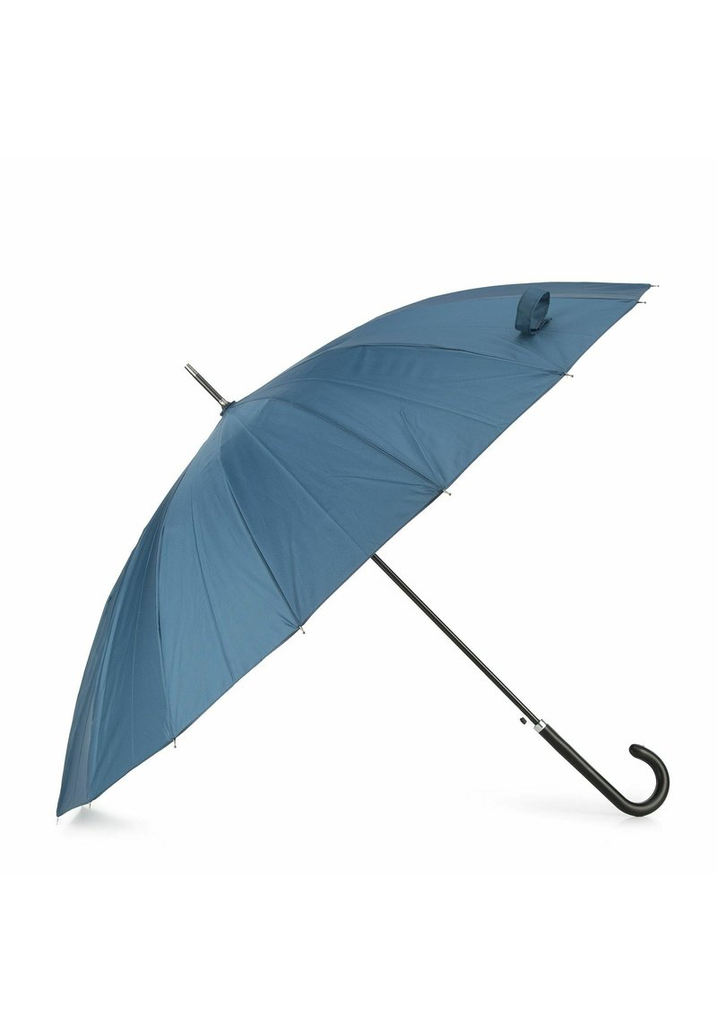 Blue umbrella with a curved black handle, made from fabric with a smooth texture. Features a metallic frame and eight ribs for support.