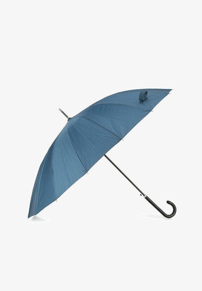 Blue umbrella with a curved black handle, made from fabric with a smooth texture. Features a metallic frame and eight ribs for support.