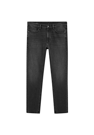 Black denim jeans with a slim fit and five-pocket design. Features a front button closure, subtle fading, and stitched seams.