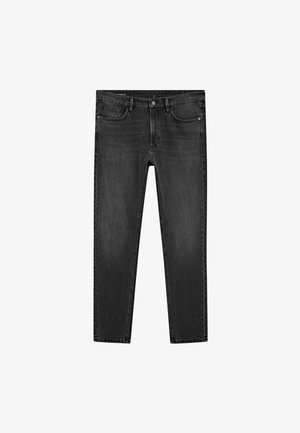 Schwarze Jeans aus Denim mit schmaler Passform und Fünf-Taschen-Design. Merkmale sind ein vorderer Knopfverschluss, dezente Ausbleichungen und gestickte Nähte.