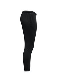 Pantalons de sport noirs avec une texture lisse, un design fuselé, une taille élastique et un ourlet resserré. Les coutures latérales se rétrécissent pour un look ajusté.