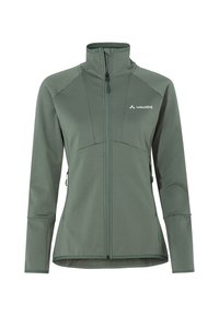 Veste verte avec un col montant, fermeture éclair et deux poches latérales, faite d'un tissu texturé, présentant des détails de logo sur la poitrine.