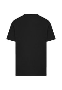 Black cotton t-shirt featuring a round neck, short sleeves, and a straight hem. Soft texture, minimalist design, back view shown.