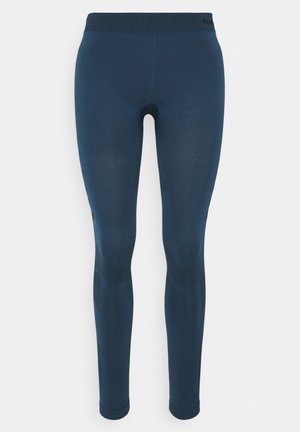 Marineblaue Sportleggins aus dehnbarem Material, mit einem breiten Bund und strukturierten Akzenten an den Oberschenkeln. Glatte Oberfläche insgesamt.