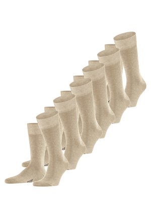 Chaussettes en coton beiges, lot de dix, bords côtelés, texture lisse, longueur intermédiaire, talon et orteil renforcés, logo de la marque sur la semelle.