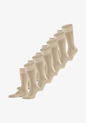 Beige cotton socks, set of ten, ribbed cuffs, smooth texture, medium length, reinforced heel and toe, brand logo on the sole.