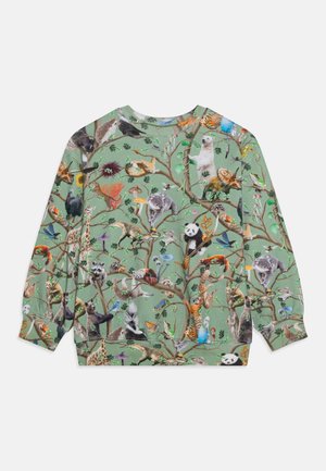 Grüner Sweatshirt mit dichtem Tierprint verschiedener Arten zwischen Ästen, mit gerippten Bündchen und Halsausschnitt. Weicher, strukturierter Stoff.