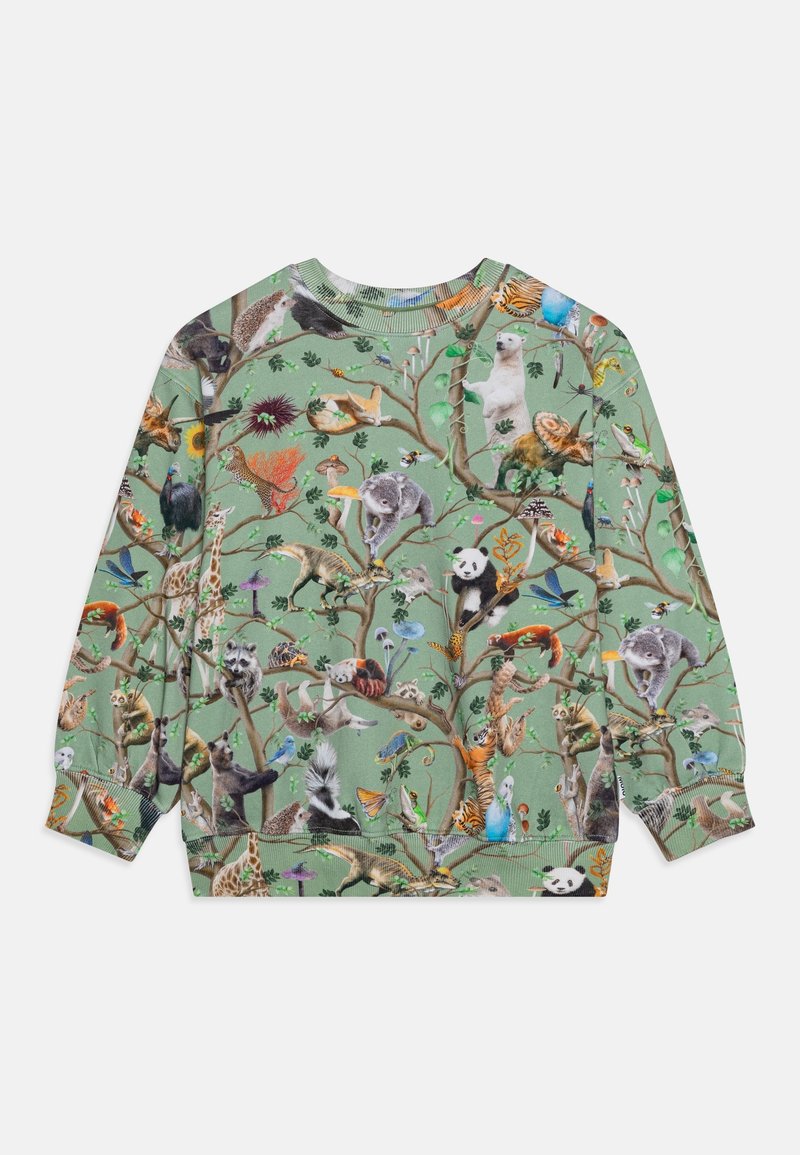 Sweat-shirt vert arborant un imprimé animalier dense de plusieurs espèces parmi des branches, avec des poignets et un col côtes. Tissu doux et texturé.