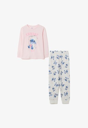 Top de manga larga rosa con el texto "SUNDAY es día de relajación" y un personaje de dibujos animados azul. Pantalones blancos con el personaje azul y acentos rosas.