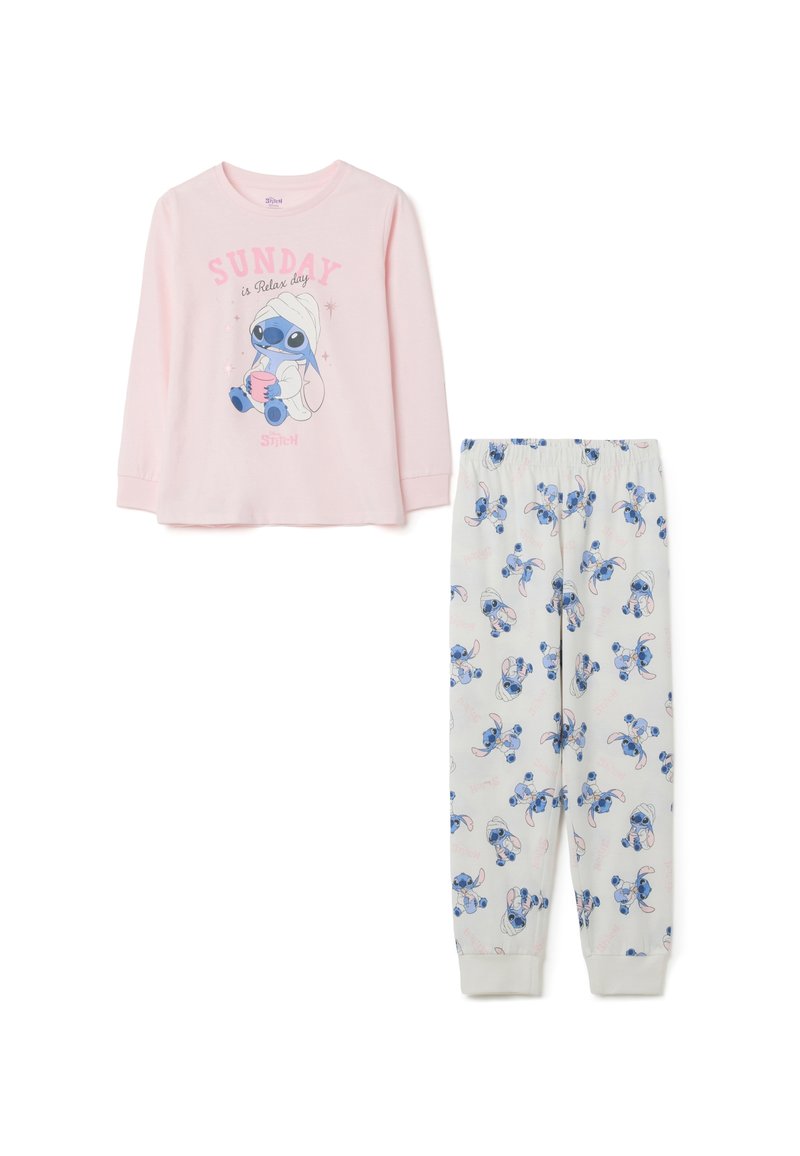 Top de manga larga rosa con el texto "SUNDAY es día de relajación" y un personaje de dibujos animados azul. Pantalones blancos con el personaje azul y acentos rosas.