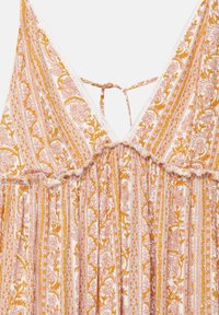 Robe sans manches à col en V avec rayures florales roses et orange, fine attache au dos et bordure froufroutante douce le long de la poitrine.