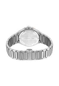 Orologio in acciaio inox con finitura argento, dotato di un cinturino con texture sulla parte posteriore, rivestimento in zaffiro e robusto bracciale a maglie. Resistente all'acqua fino a 30 metri.