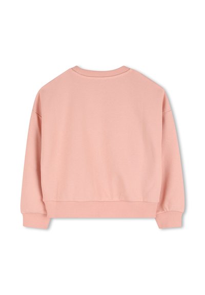 Sweatshirt rose clair avec un col arrondi, des poignets côtelés et un ourlet large. Tissu doux avec une texture lisse, présentant des coutures d'épaule abaissées.