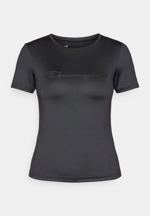 Musta lyhythihainen t-paita, joka on valmistettu sileästä kankaasta. Edessä on hillitty kohokuvioitu "Champion"-logo rinnan kohdalla ja pyöreä pääntie.