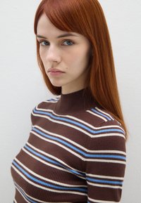 Brauner Rippstrickpullover mit horizontalen Streifen in Hellblau und Weiß. Hoher Kragen. Lange, glatte kastanienbraune Haare im Hintergrund.