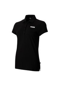 Svart pikétröja i bomullsblandning, med krage, femknappslå, korta ärmar och en vit PUMA-logga på bröstet.