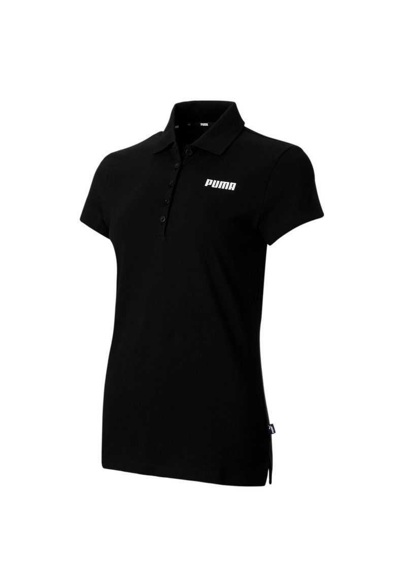 Svart pikétröja i bomullsblandning, med krage, femknappslå, korta ärmar och en vit PUMA-logga på bröstet.