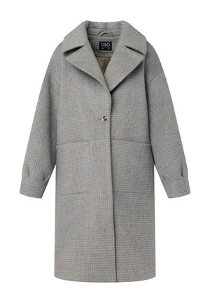 Manteau à carreaux gris et bleu avec un large col, fermeture à un bouton, poches latérales et épaules tombantes. Tissu texturé doux.