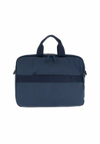 Borsa per laptop blu navy con superficie testurizzata, doppi zip, manici corti e tasca frontale. Realizzata in materiale resistente e leggero.