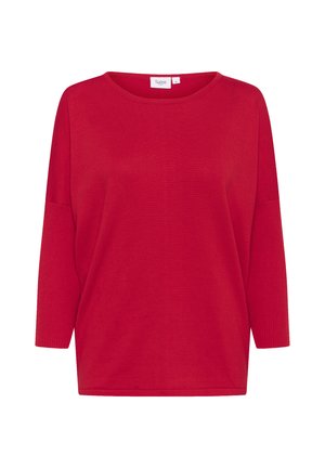 Pull rouge surdimensionné avec un col rond, des manches trois-quarts et des accents côtelés. Fabriqué en tissu doux et texturé. Design simple et dépouillé.