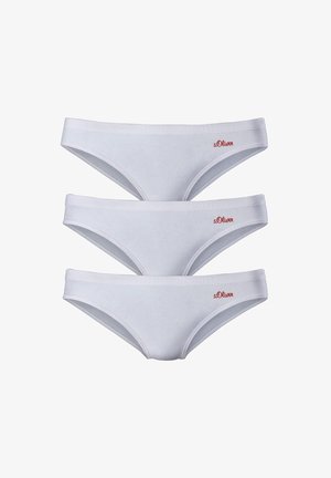 Tres pares de bragas hipster de algodón blancas, que presentan una textura suave y un pequeño logo rojo de "s.Oliver" en el lado izquierdo de cada par.