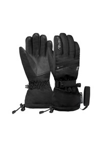 Schwarze Handschuhe mit einer Lederpalme, einem synthetischen Stoffrücken, einem verstellbaren Handgelenkriemen und einem elastischen Bund für einen sicheren Sitz.