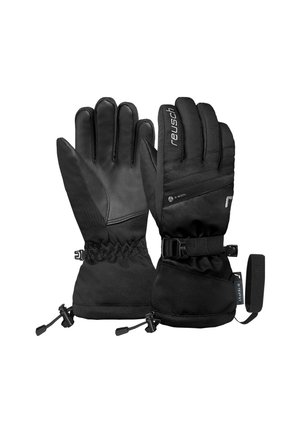 Zwarte handschoenen met een leren palm, een synthetische stof achterkant, een verstelbare polsband en een elastische manchet voor een stevige pasvorm.