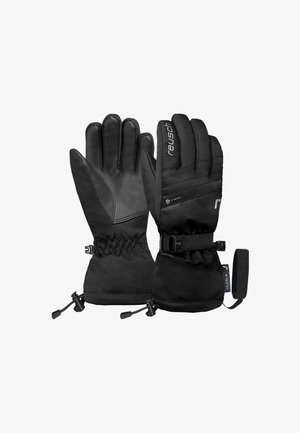 Mustat hansikkaat, joissa on nahkapalmu, synteettinen kankainen takaosa, säädettävä ranneke ja joustava hihna turvalliseen istuvuuteen.