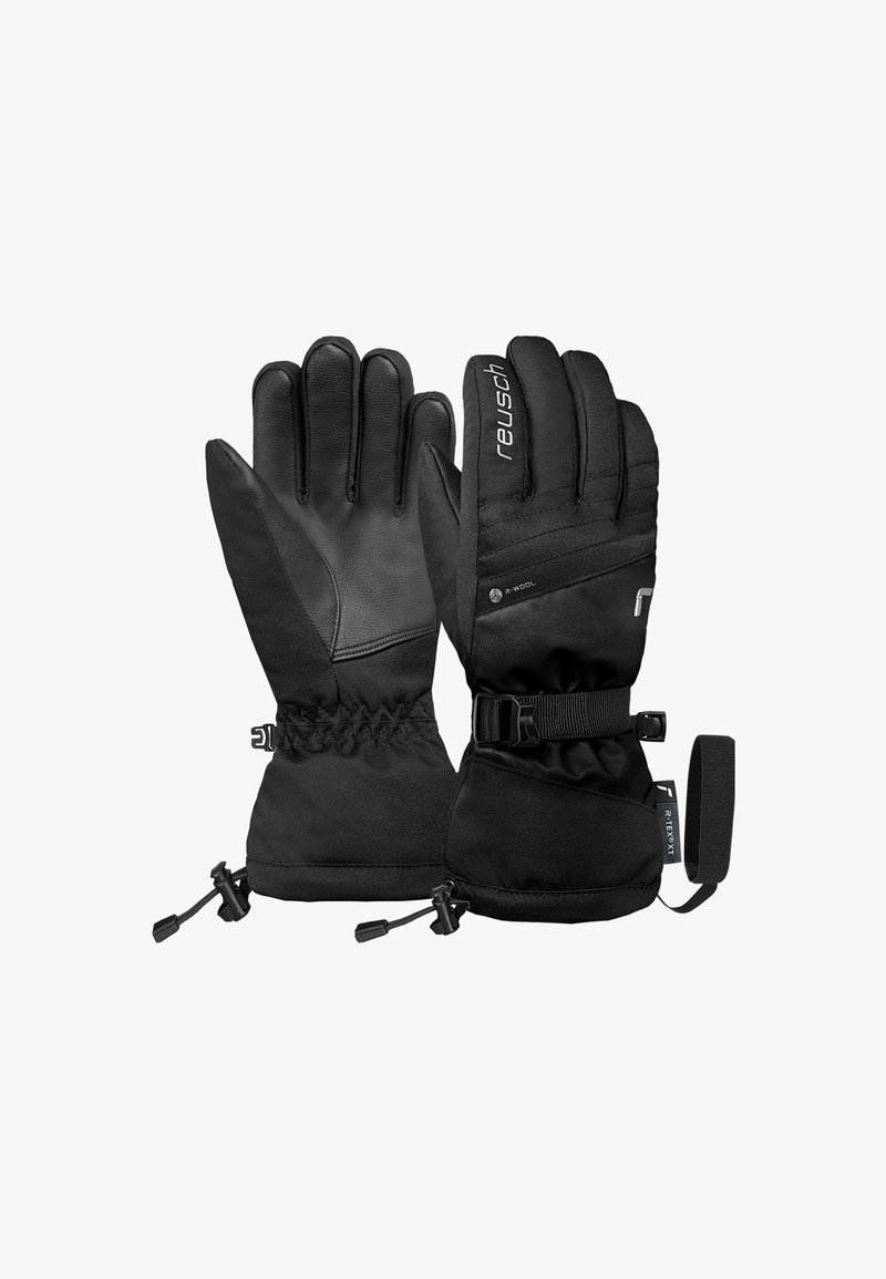 Schwarze Handschuhe mit einer Lederpalme, einem synthetischen Stoffrücken, einem verstellbaren Handgelenkriemen und einem elastischen Bund für einen sicheren Sitz.