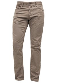 Beige katoenen chinos met een rechte pasvorm, voorzien van voor- en achterzakken, knoopsluiting en subtiele stikdetails overal.