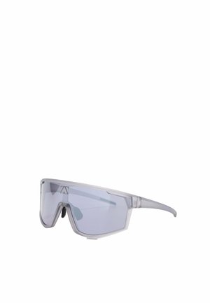 Transparente graue Sport-Sonnenbrille mit einem einzigen Schildglas und eckigem Rahmen.