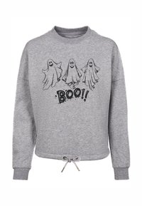Grå sweatshirt med tre tecknade spökdesigns och texten "BOO!!". Ribbad mudd och dragsnodd i nederkanten för justerbar passform.