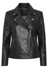 Svart läderbikerjacka med asymmetrisk framdragkedja, dragkedjefickor på sidorna, tryckknappskrag och brun innervadding.