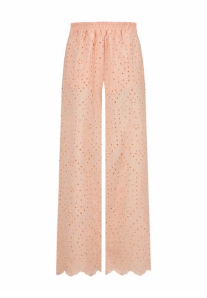 Lichtroze wijde broek met een elastische tailleband, voorzien van een decoratief geborduurd patroon en uitsnijdingen in de stof.