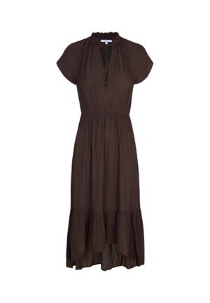 Donkerbruine midi-jurk met korte mouwen, een geplooide taille, een gerimpelde kraag met strik en een gerimpelde zoom.