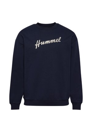 Marineblaues Sweatshirt mit langen Ärmeln, gerippten Bündchen und Saum, mit weißem kursivem "Hummel" Logo auf der Brust.