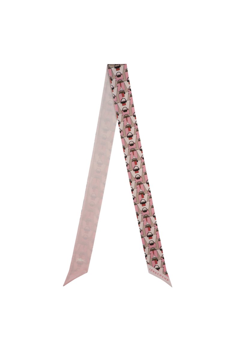 Silk ribbon in pink with a repeating pattern of abstract figures. Features tapered ends; displays the brand name "LONGCHAMP" at the base.