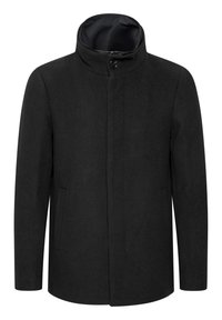 Svart ullblandad kappa med hög krage, framfickor och knappstängning. Slät textur och rak silhuett, designad för värme.