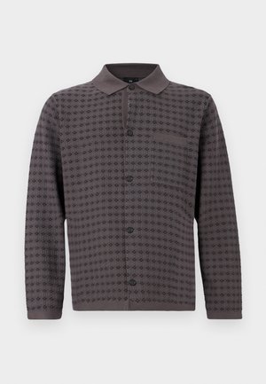 Buttoned dark gray knit cardigan with collar, textured pattern, long sleeves, and a front chest pocket.