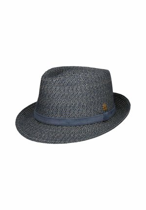 Navy blue woven fedora hat with a matching fabric band and small brown emblem on the side.