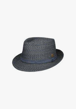 Navy blue woven fedora hat with a matching fabric band and small brown emblem on the side.