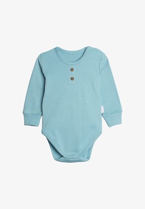 Błękitny, długi body z długim rękawem, wyposażony w dwa drewniane guziki z przodu oraz zatrzaski w kroku, odpowiedni dla niemowląt.