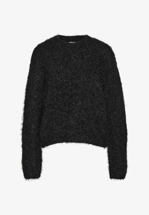 Maglione nero peloso con scollo rotondo, maniche lunghe e vestibilità morbida. La texture è soffice e shaggy, aggiungendo profondità al design.