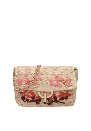 Beige gewebte Handtasche mit rosa, roter und brauner Blumenstickerei, goldenem rundem Verschluss und goldenem Ketten-Schulterriemen.