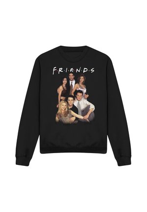 Black sweatshirt featuring six people posing and the word "FRIENDS" in white letters with colored dots between each letter.