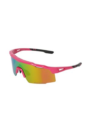 Roze sportzonnebril met omvattende, regenbooggekleurde glazen, zwarte pootuiteinden en het woord "ENDURANCE" op de onderrand van het glas.